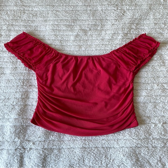 Just Polly New York Red Ruched Bardot Top Bustier Off Shoulder Top - Picture 3 of 7